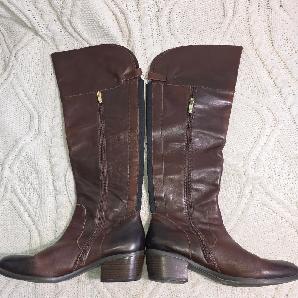 Vince‎ Camuto Over the Knee Leather Boots Cognac Brown Gold Buckle Womens 12 42